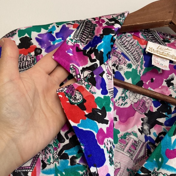 New Vintage Nightgown Womens Medium Pink Blue Print Silk Long Sleeve Nightie - Picture 5 of 13